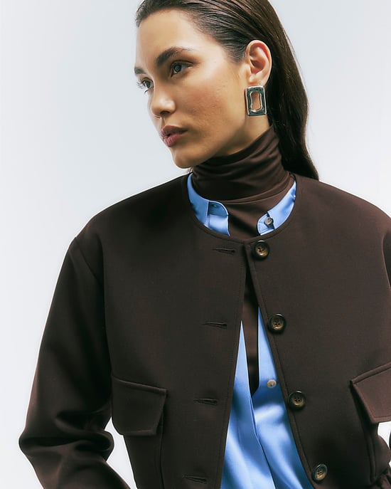 River Island Womens Bomber Jacket Brown Long Sleeve Front Pocket - Image 3
