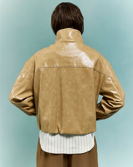 River Island Womens Bomber Jacket Beige Vinyl Funnel Neck - Image 3
