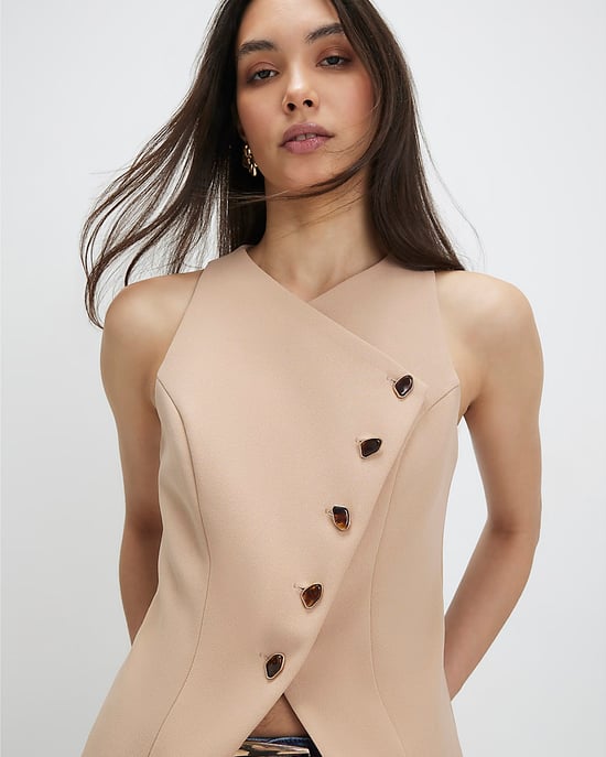 River Island Womens Waistcoat Beige Collarless Asymmetric - Image 1