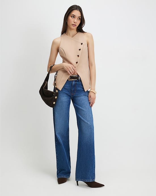 River Island Womens Waistcoat Beige Collarless Asymmetric - Image 2