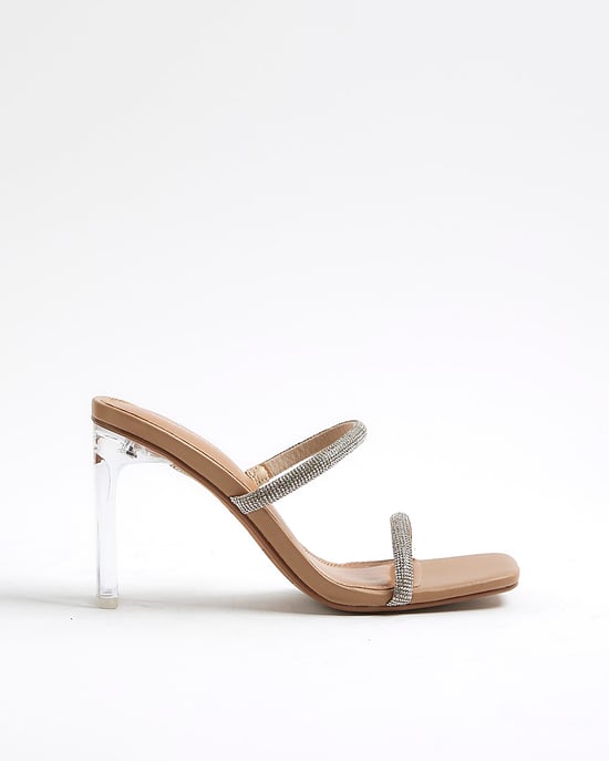 River Island Womens Heeled Mules Beige Diamante Double Strap - Image 2