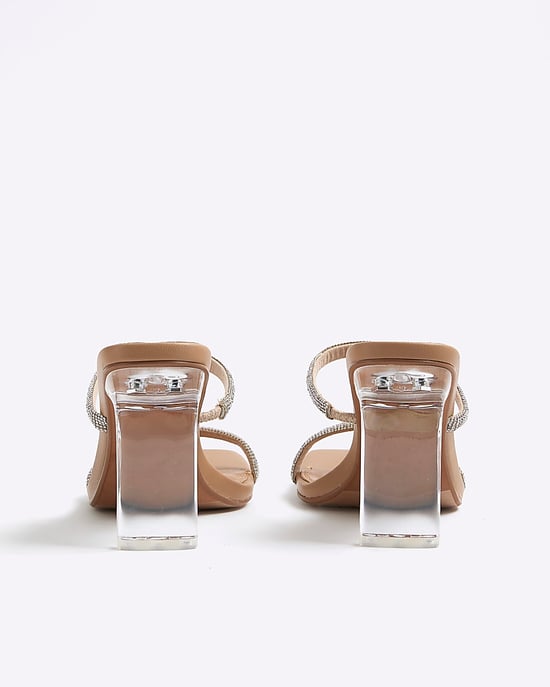 River Island Womens Heeled Mules Beige Diamante Double Strap - Image 3