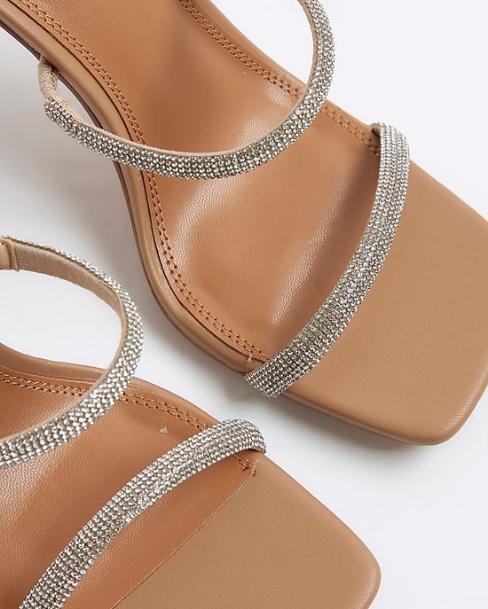 River Island Womens Heeled Mules Beige Diamante Double Strap - Image 4