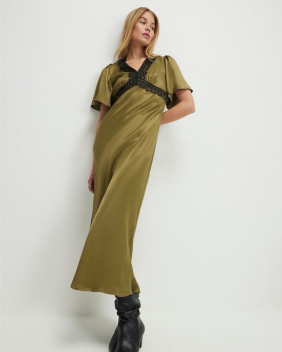 River Island Womens Slip Dress Khaki V-Neck Lace - Image 2