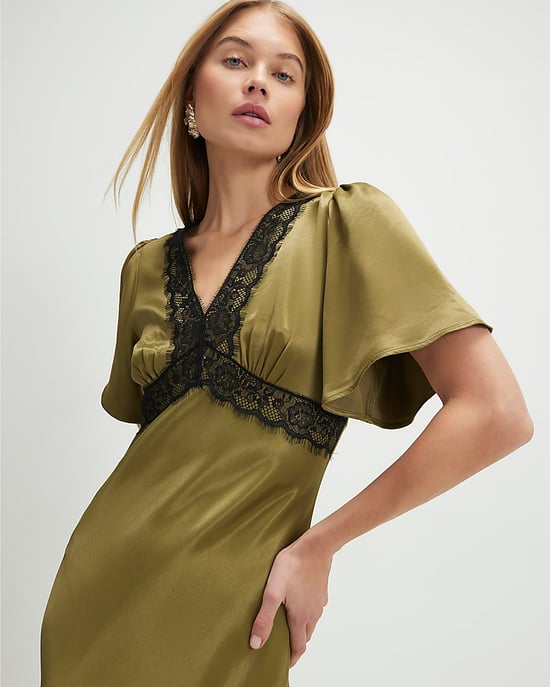 River Island Womens Slip Dress Khaki V-Neck Lace - Image 4