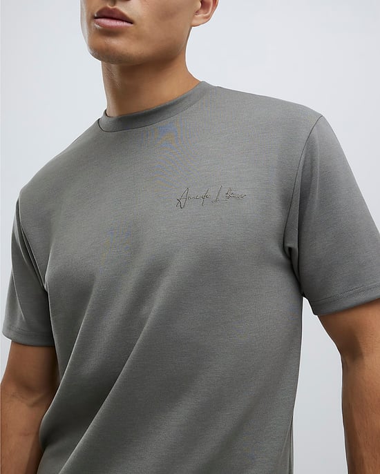 River Island Mens T-Shirt Khaki Slim Fit Long Sleeve - Image 2