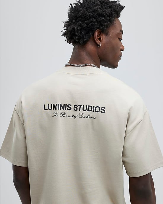 River Island Mens T-Shirt Beige Oversized Fit Luminis Studios - Image 2