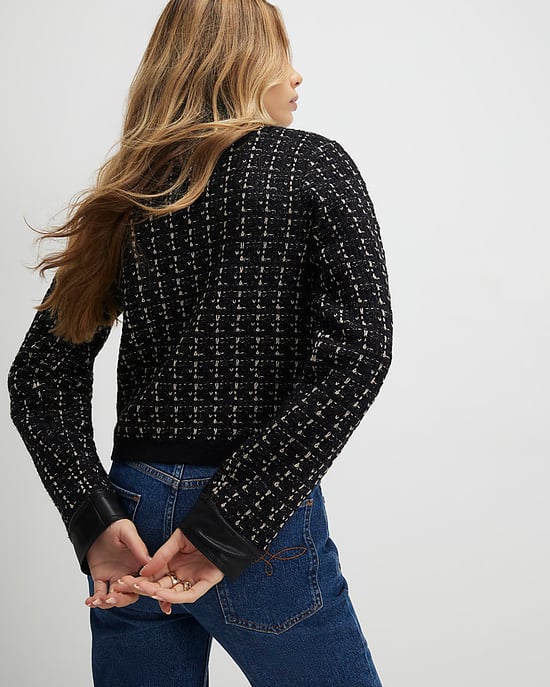 River Island Womens Cardigan Black Boucle Faux Leather Trim - Image 3