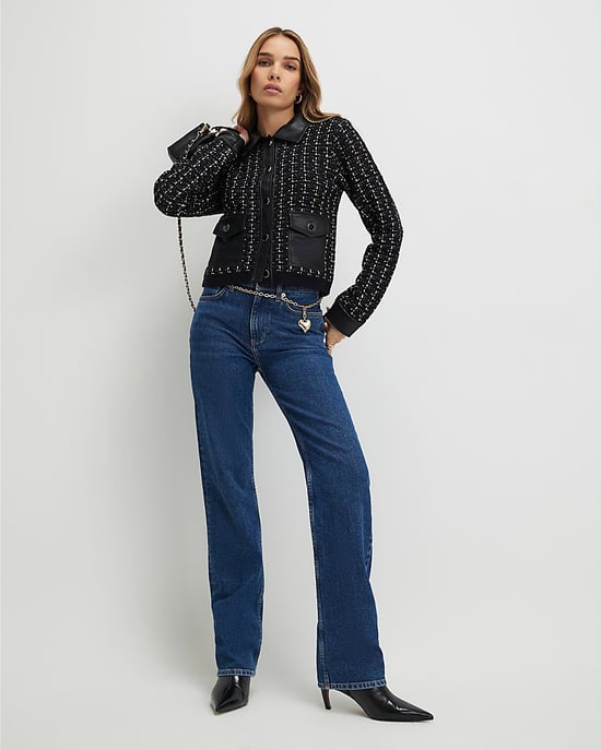 River Island Womens Cardigan Black Boucle Faux Leather Trim - Image 4