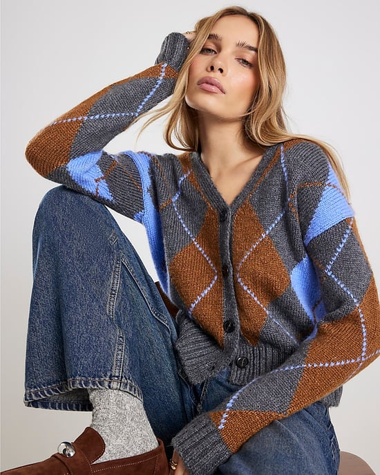 River Island Womens Cardigan Grey Knitted V-neck Argyle Print - Image 2