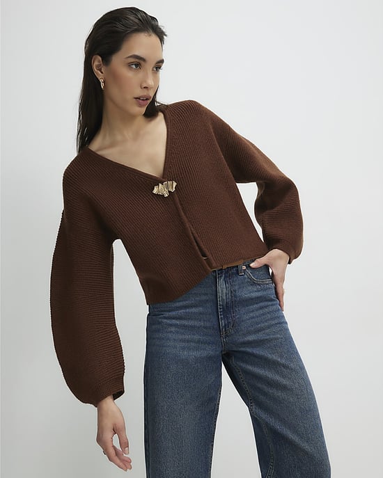 River Island Womens Cardigan Brown Knitted Gold Detail - Image 3
