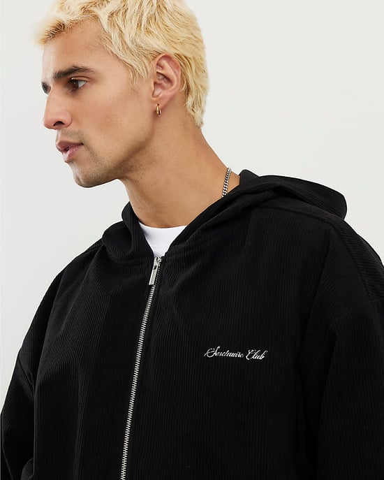 River Island Mens Hoodie Black Sanctuaire Corduroy Zip Through - Image 3