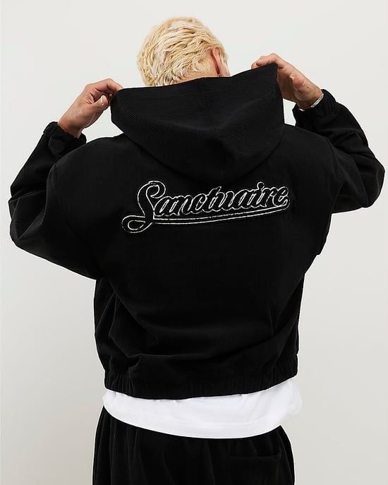 River Island Mens Hoodie Black Sanctuaire Corduroy Zip Through - Image 4