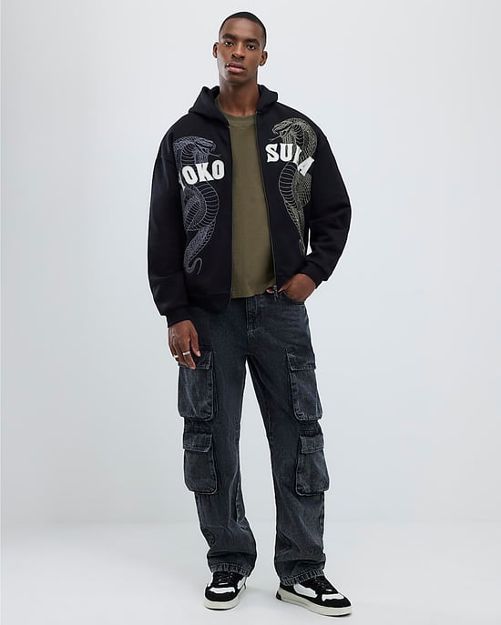 River Island Mens Hoodie Black Embroidered Yokosuka Snake - Image 3