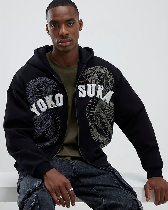 River Island Mens Hoodie Black Embroidered Yokosuka Snake - Image 4