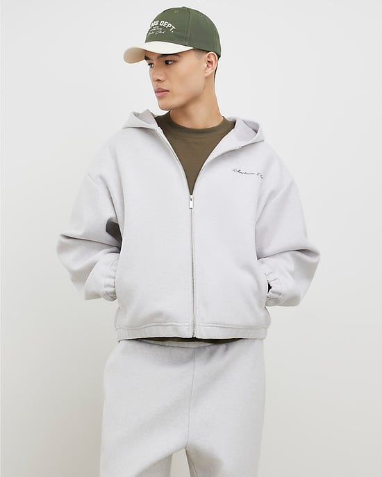 River Island Mens Hoodie Grey Oversized Fit Zip Through - Image 1