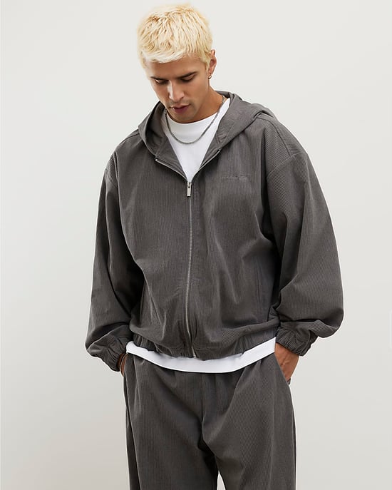 River Island Mens Hoodie Grey Sanctuaire Corduroy Zip Through - Image 1