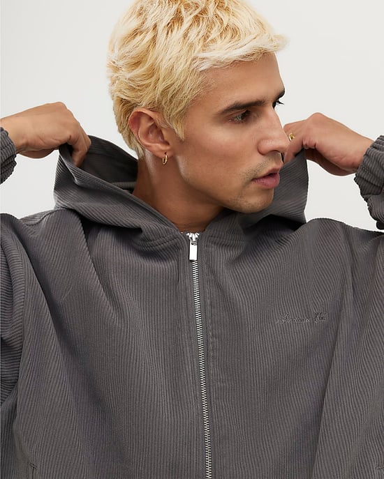 River Island Mens Hoodie Grey Sanctuaire Corduroy Zip Through - Image 4