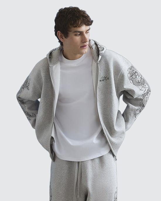 River Island Mens Hoodie Grey Oversized Fit Japanese Dragon - Image 1