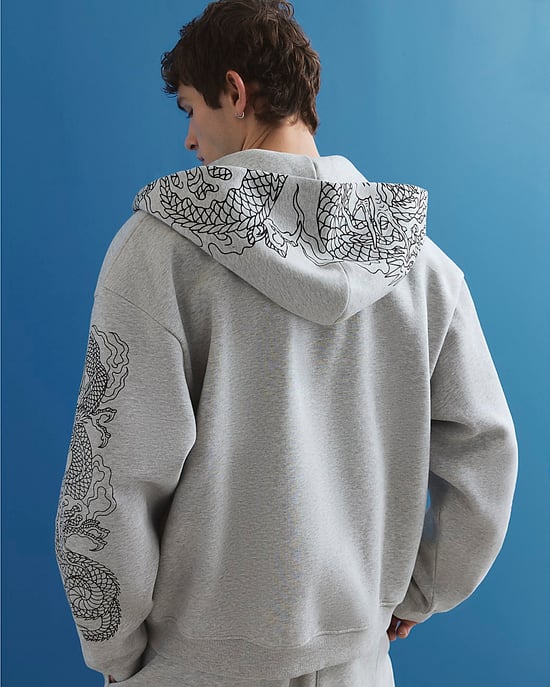 River Island Mens Hoodie Grey Oversized Fit Japanese Dragon - Image 3