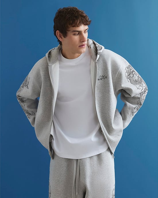 River Island Mens Hoodie Grey Oversized Fit Japanese Dragon - Image 4