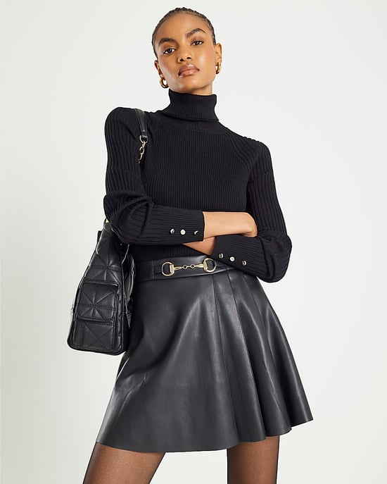River Island Womens Mini Skirt Black Faux Leather Snaffle Trim - Image 1