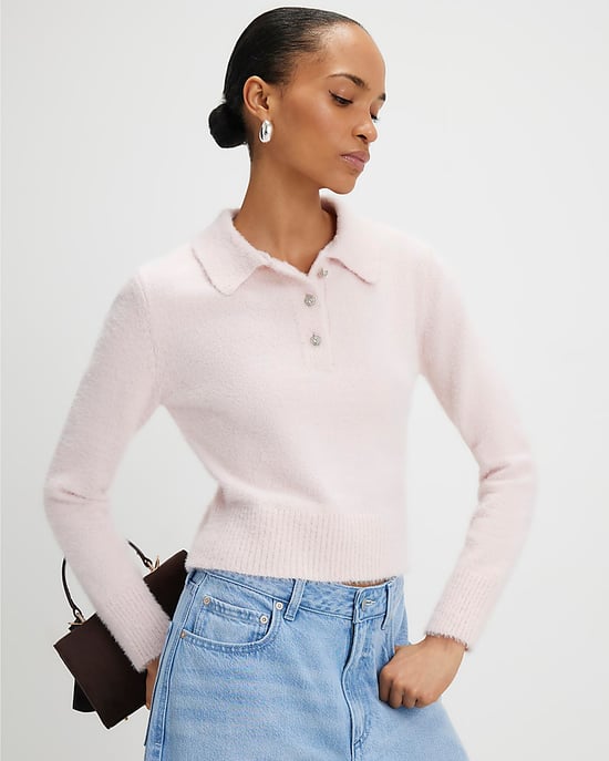 River Island Womens Polo Top Pink Long Sleeve Fluffy - Image 1