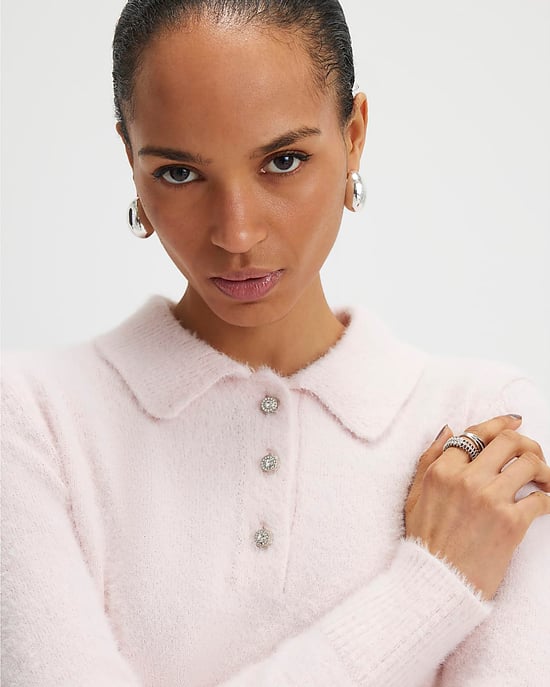 River Island Womens Polo Top Pink Long Sleeve Fluffy - Image 2