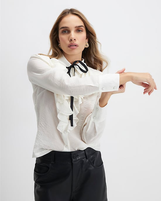 River Island Womens Blouse White Ruffle Tie Neck - Image 1