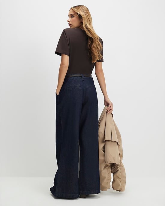 River Island Womens Wide Leg Jeans Blue Belted Split Hem Denim - Image 3