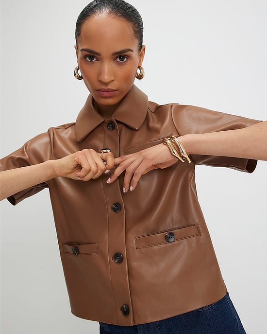 River Island Womens Shirt Brown Faux Leather Short Sleeve Pocket - Image 1