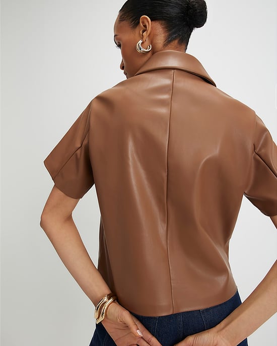 River Island Womens Shirt Brown Faux Leather Short Sleeve Pocket - Image 2