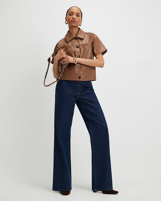 River Island Womens Shirt Brown Faux Leather Short Sleeve Pocket - Image 3