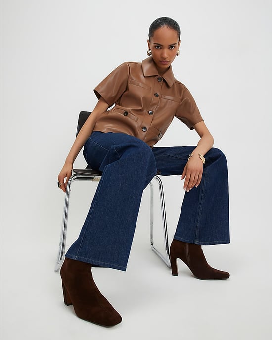 River Island Womens Shirt Brown Faux Leather Short Sleeve Pocket - Image 4