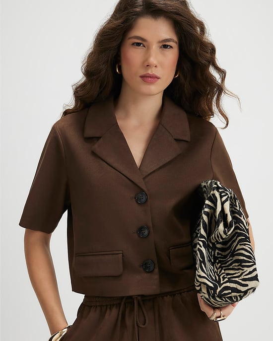 River Island Womens Shirt Brown Faux Suede Short Sleeve - Image 1