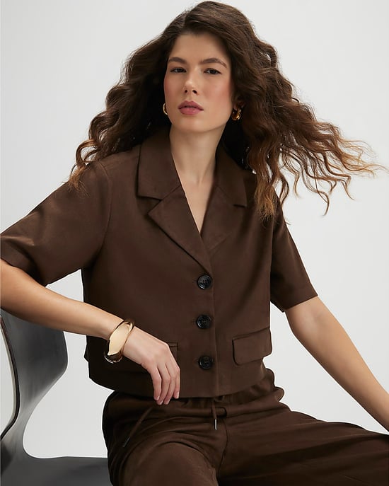 River Island Womens Shirt Brown Faux Suede Short Sleeve - Image 4