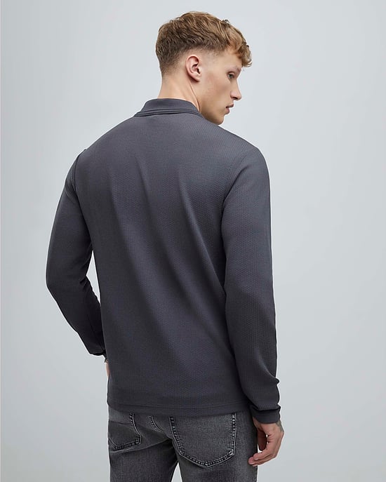 River Island Mens Polo Shirt Grey Slim Fit Textured - Image 3