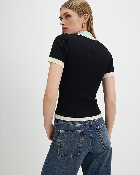 River Island Womens Polo Shirt Navy Ribbed Short Sleeve Layered - Image 3