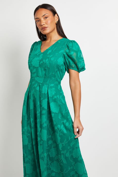 Floral Jacquard Puff Sleeve Midi Dress - Image 2