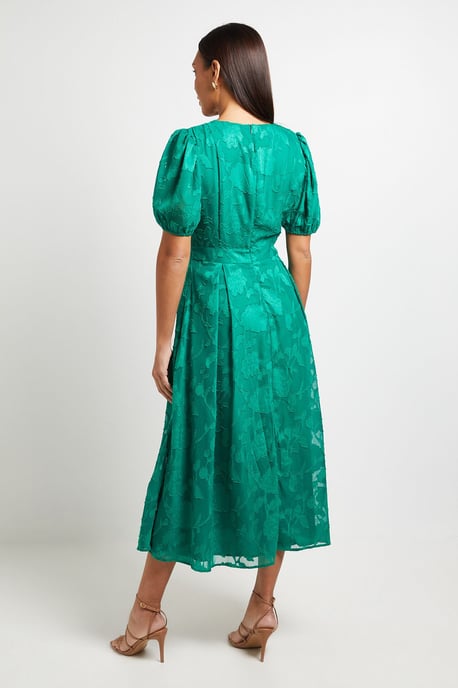 Floral Jacquard Puff Sleeve Midi Dress - Image 3
