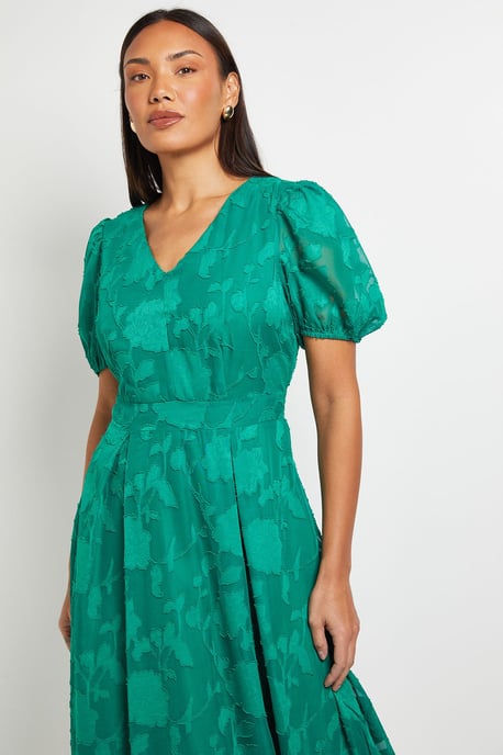 Floral Jacquard Puff Sleeve Midi Dress - Image 4