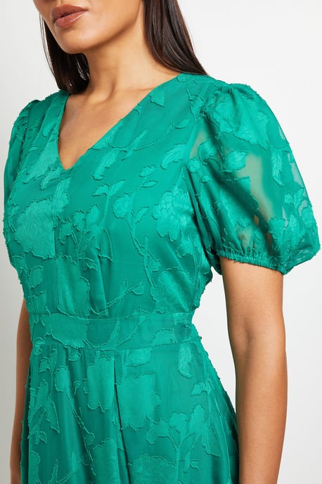 Floral Jacquard Puff Sleeve Midi Dress - Image 5