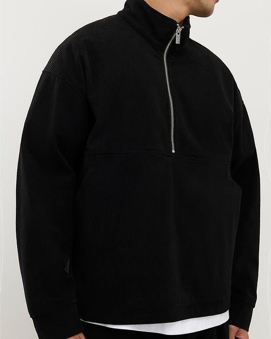 River Island Mens Sweatshirt Black Regular Fit Corduroy Funnel - Image 2