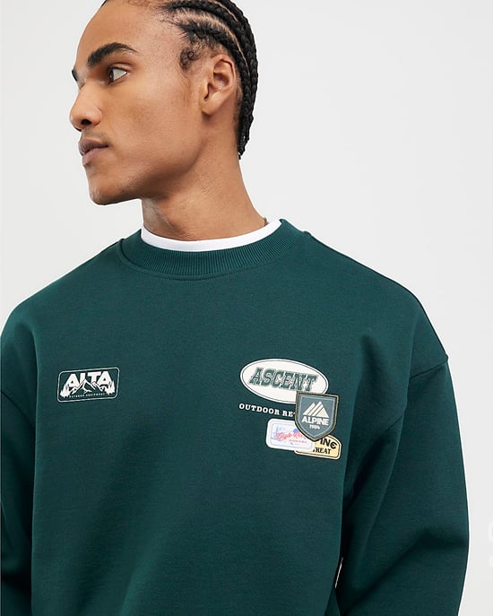River Island Mens Sweatshirt Green Oversized Fit Alpine Badging - Image 3
