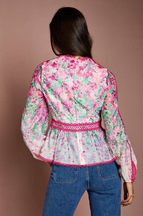 Printed Blouson Sleeve Organza Top - Image 3