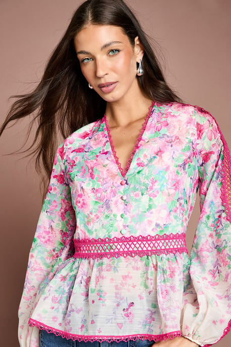 Printed Blouson Sleeve Organza Top - Image 4