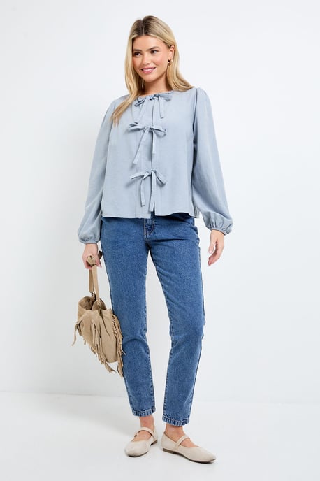 Tie Front Blouson Sleeve Blouse - Image 4