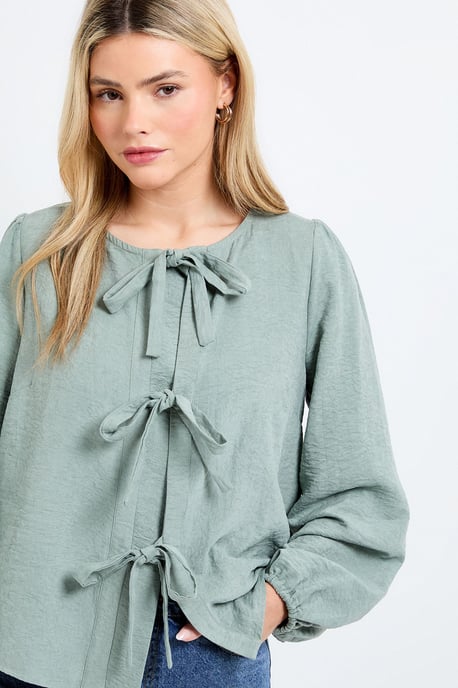 Tie Front Blouson Sleeve Blouse - Image 2