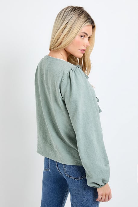 Tie Front Blouson Sleeve Blouse - Image 3