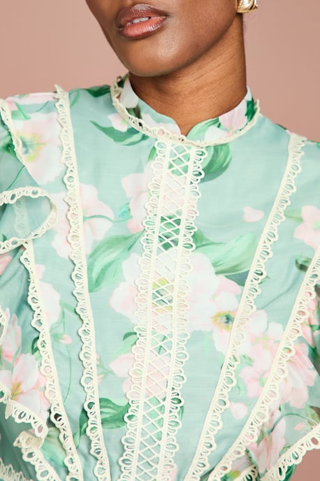 Printed Long Sleeve Frill Organza Blouse - Image 2